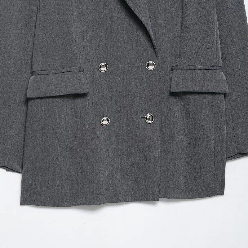 سترة Willshela للسيدات مع جيوب باللون الرمادي مزدوجة الصدر وأكمام طويلة ورقبة مدببة ملابس نسائية للمكتب #4