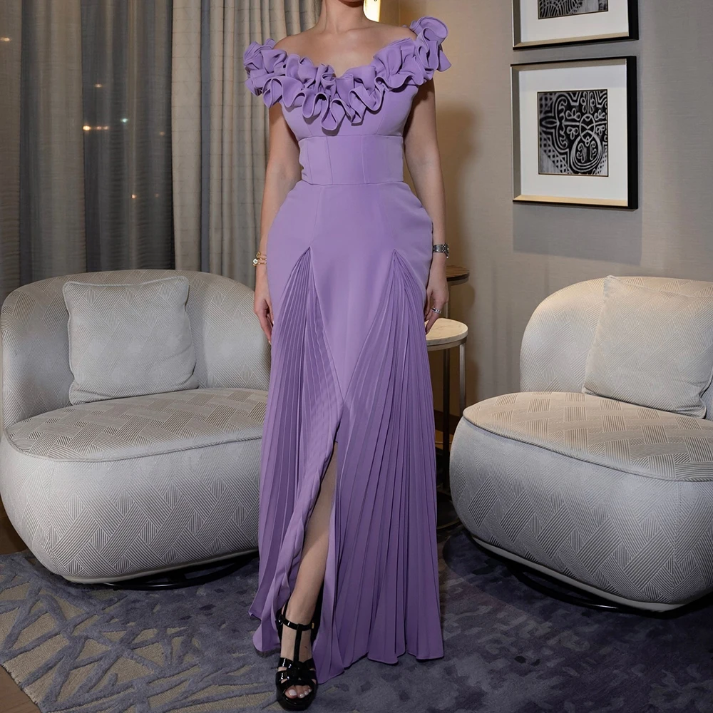 

Purple elegant Exquisite Customized Prom Dresses off the shoulder Draped A-line Dresses Middle Slit Ruched Evening Party Dresses