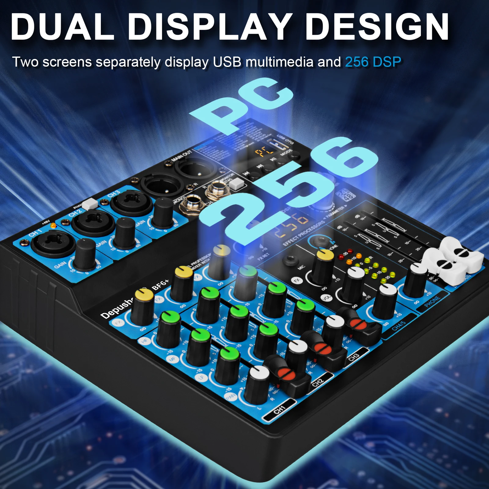 5 Channel USB Mixer Depusheng  DJ Sound Controller Mini Mixer Professional Audio Portable Sound Mixing Console with 256 DSP