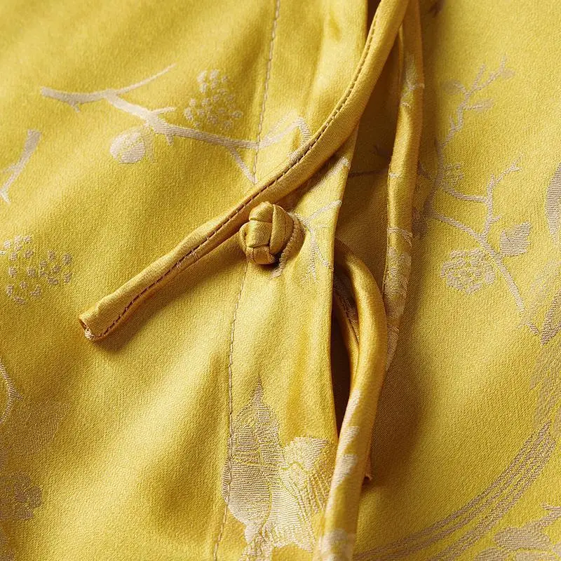 Yellow Print Fake Silk Women Shirts 2024 Summer Vintage Chinese Style Office Lady Work Blouse Disc Buckle Loose Blause Top KN370