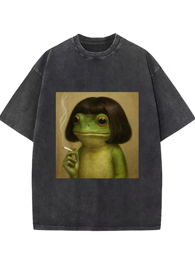 Funny Bob Haircut Frog Meme Graphic T-Shirt,Oversized Retro Washed Tee For Men Women Travel Daily Vacation Casual Street Outfits