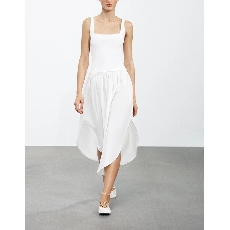 Spring Summer New Women's round Hem Splice Wide oulder Strap Square Collar Midi Dr High Waist A-Line Skirt Long Dr