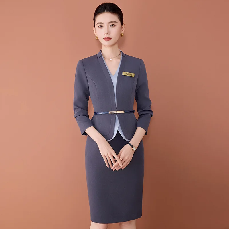 فستان ربيعي احترافي جديد بأكمام طويلة وقصة ضيقة أنيقة للأعمال مكونة من قطعتين ملابس عمل راقية