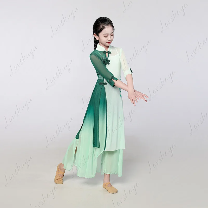 بدلة تدريب تنورة الرقص الكلاسيكية للأطفال، ملابس رقص نسائية أنيقة على الطراز الصيني، شاش حديث، تغيير تدريجي