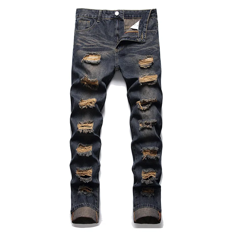 

Mcikkny New Men Ripped Washed Jeans Pants Slim Fit Straight Denim Trousers For Male E126