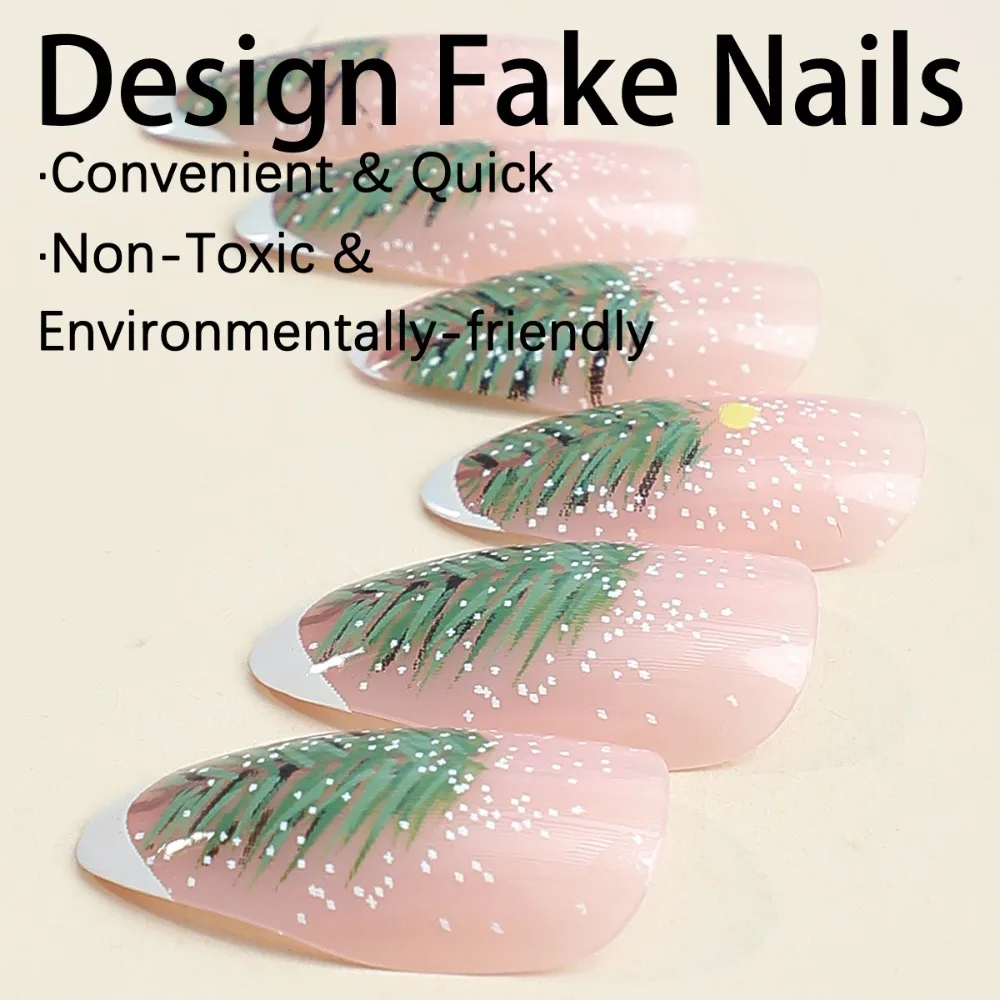 Fashion Christmas French Fake Nails Wearable Manicure Full Cover Press on Nails Almond Nail Tips Women