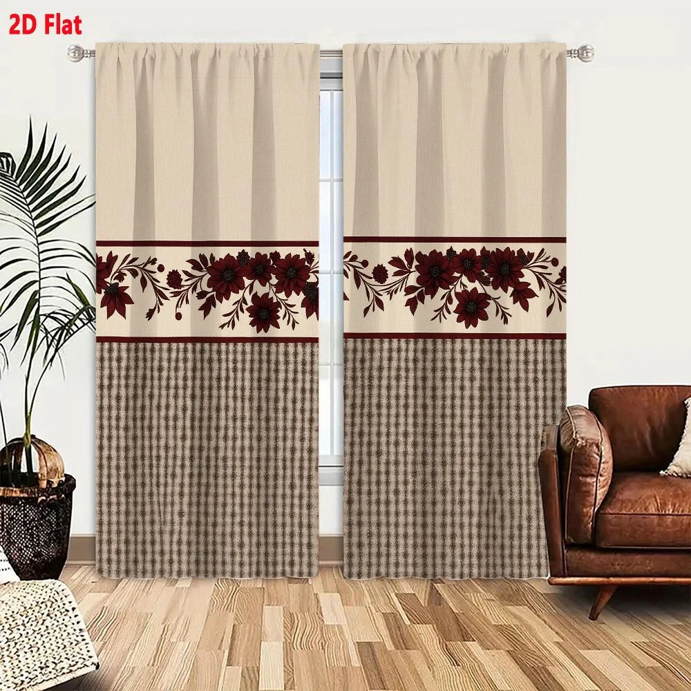 2Pcs Curtains Add 2D Flat Rustic Country Style Floral Border And Gingham Check Pattern Decorative Wallpaper Or Fabric Window Dra