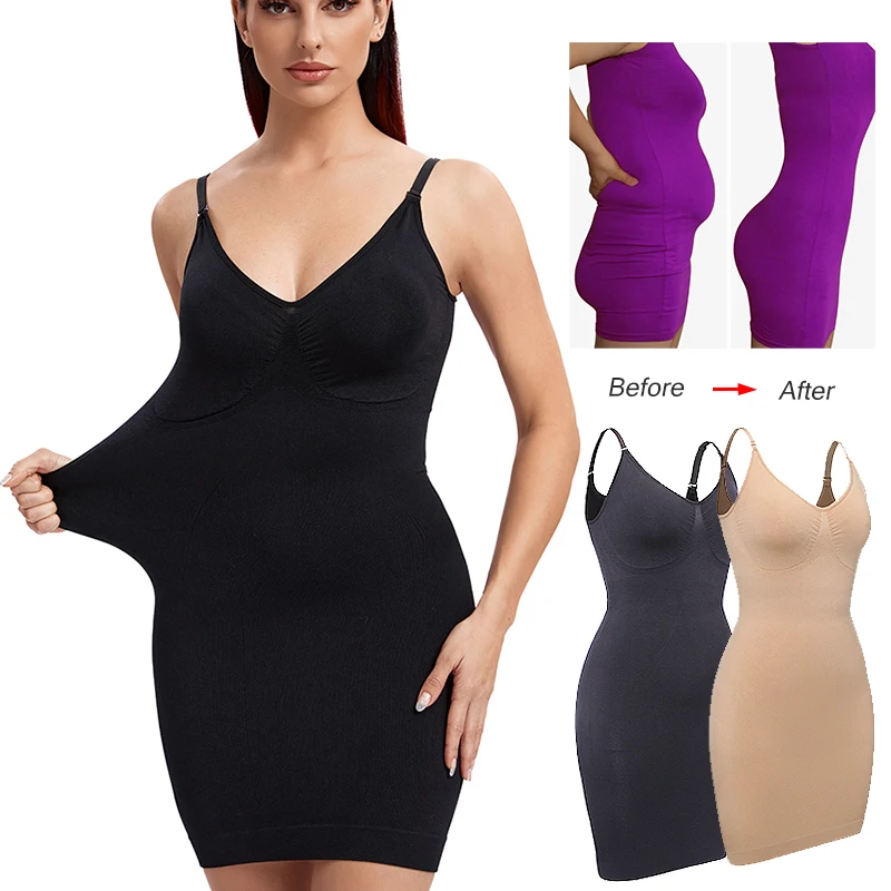 

Sexy Full Slip Shapewear Women Bodycon Dress V Neck Underwear Smooth Compression Body Shaper Slimming Waist Cincher Belly Corset