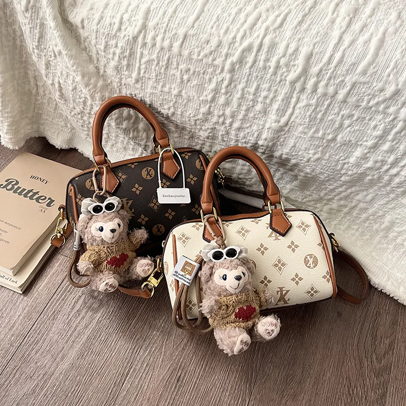 Women Mini Vintage Monogram Boston Handbag, Retro Printed PU Leather Top Handle Purse with Cute Plush Bear Charm, Detachable Adj