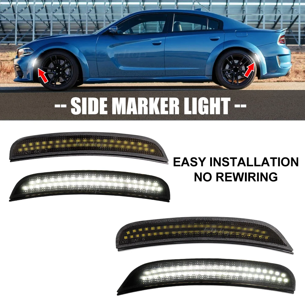 LED White Front & Rear Lights Side Marker Light Flashing LED Signal Light  Side Marker Lamp  For Dodge Charger 2015-2023