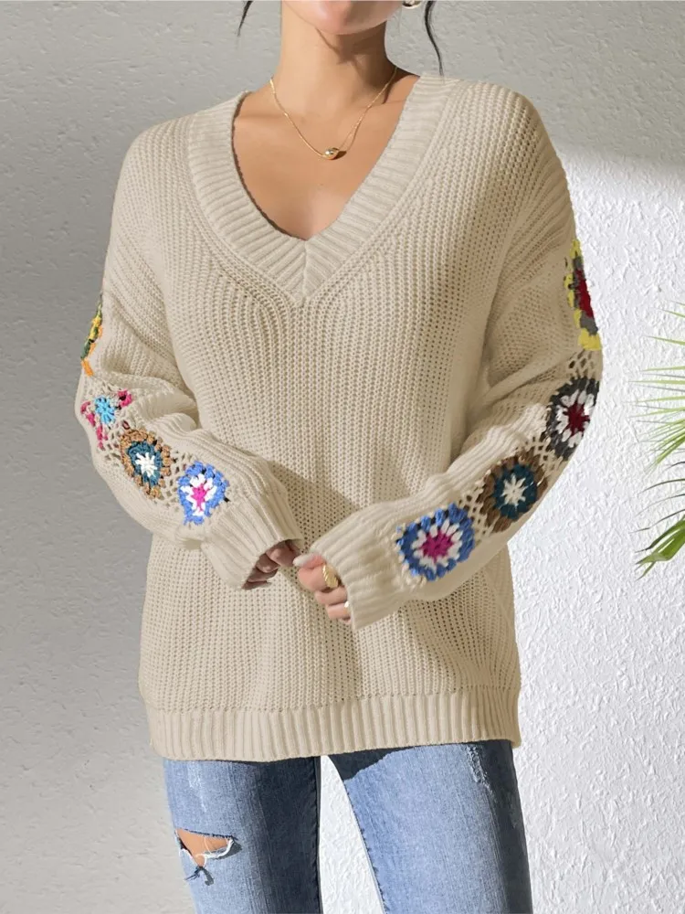 

Leisure Fashion Knitted Women Pullover Sweater Spring New Arrival Knit Sweater Hook Flower Loose Fit Women's Clothing Autumn