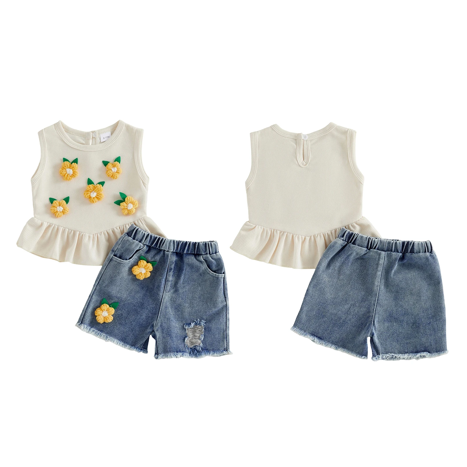 

Комплект одежды из 2 предметов для маленьких девочек, модный комплект одежды с цветочной аппликацией, топы без рукавов с круглым вырезом и джинсовые шорты, комплект одежды для младенцев