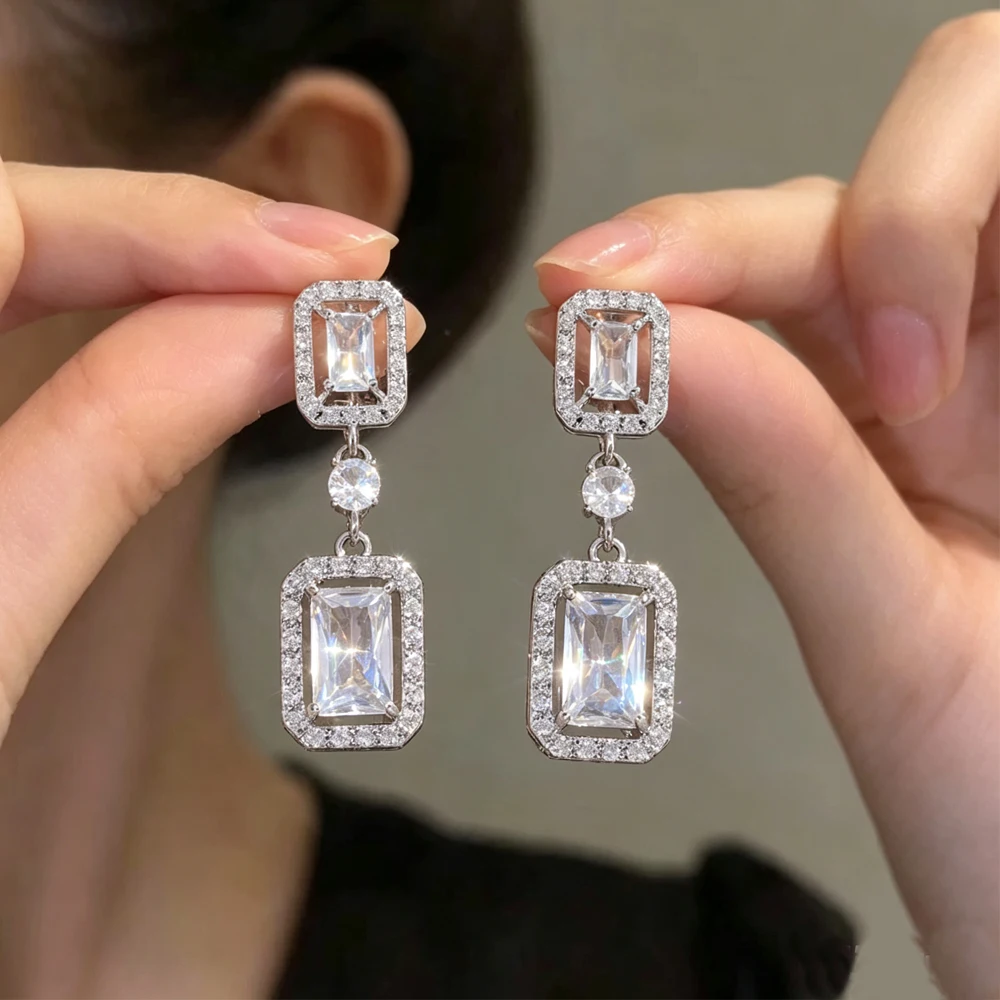ZAKOL Brand Geometric Square Zircon Drop Earring for Women Shiny Crystal CZ Bridal Dangle Earrings Luxury Wedding Jewelry