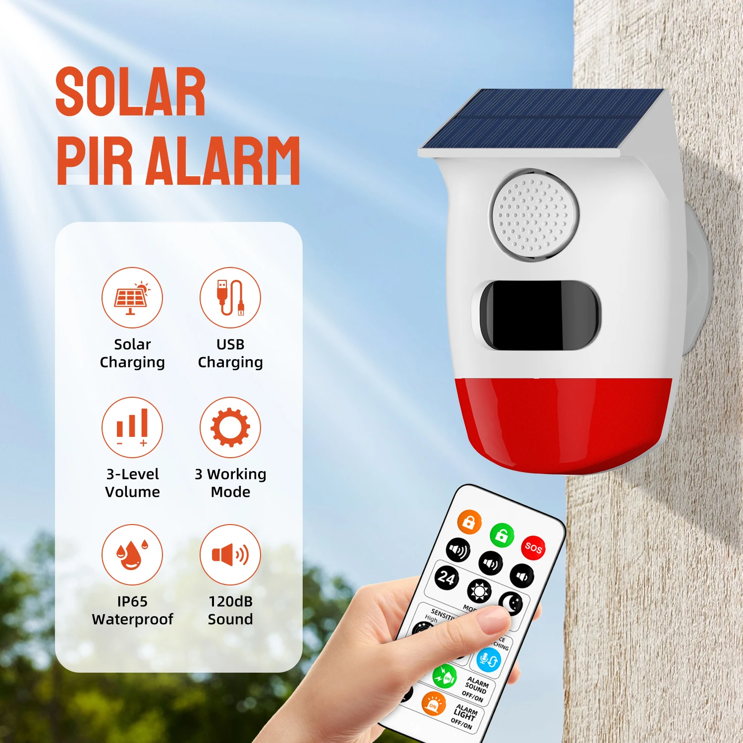 PGST Solar Independent Alarm Detector 120dB PIR Infrared Motion Sensor Siren Horn Home Security Protection Outdoor Waterproof