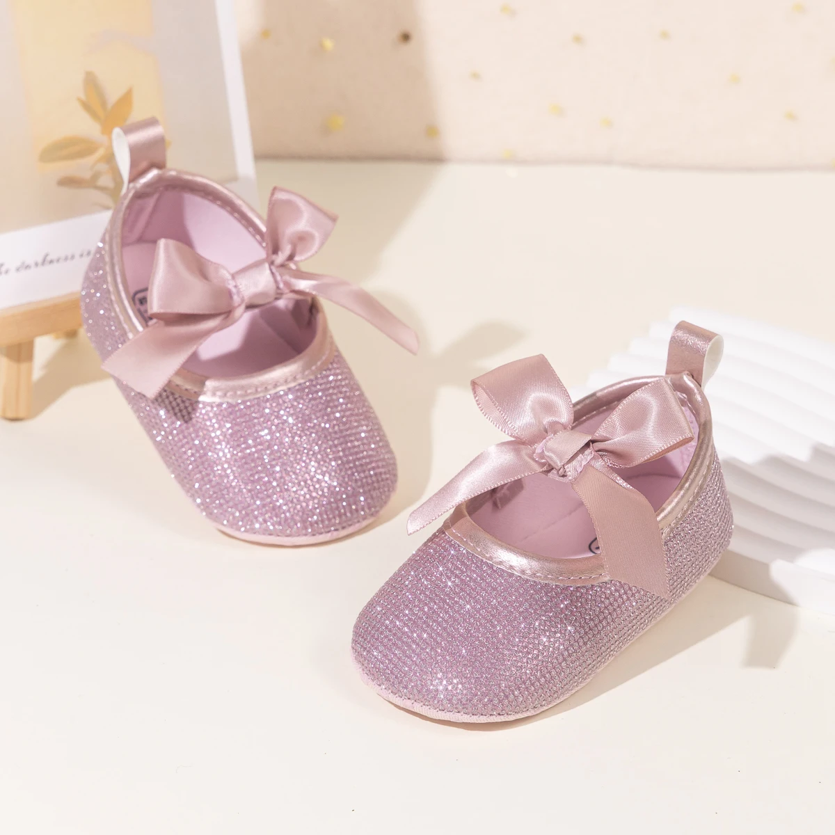 Meckior Baby Girl Mary Jane Shoes Soft Sole Glitter Bow Non-Slip Crib Shoes for Newborn Infant