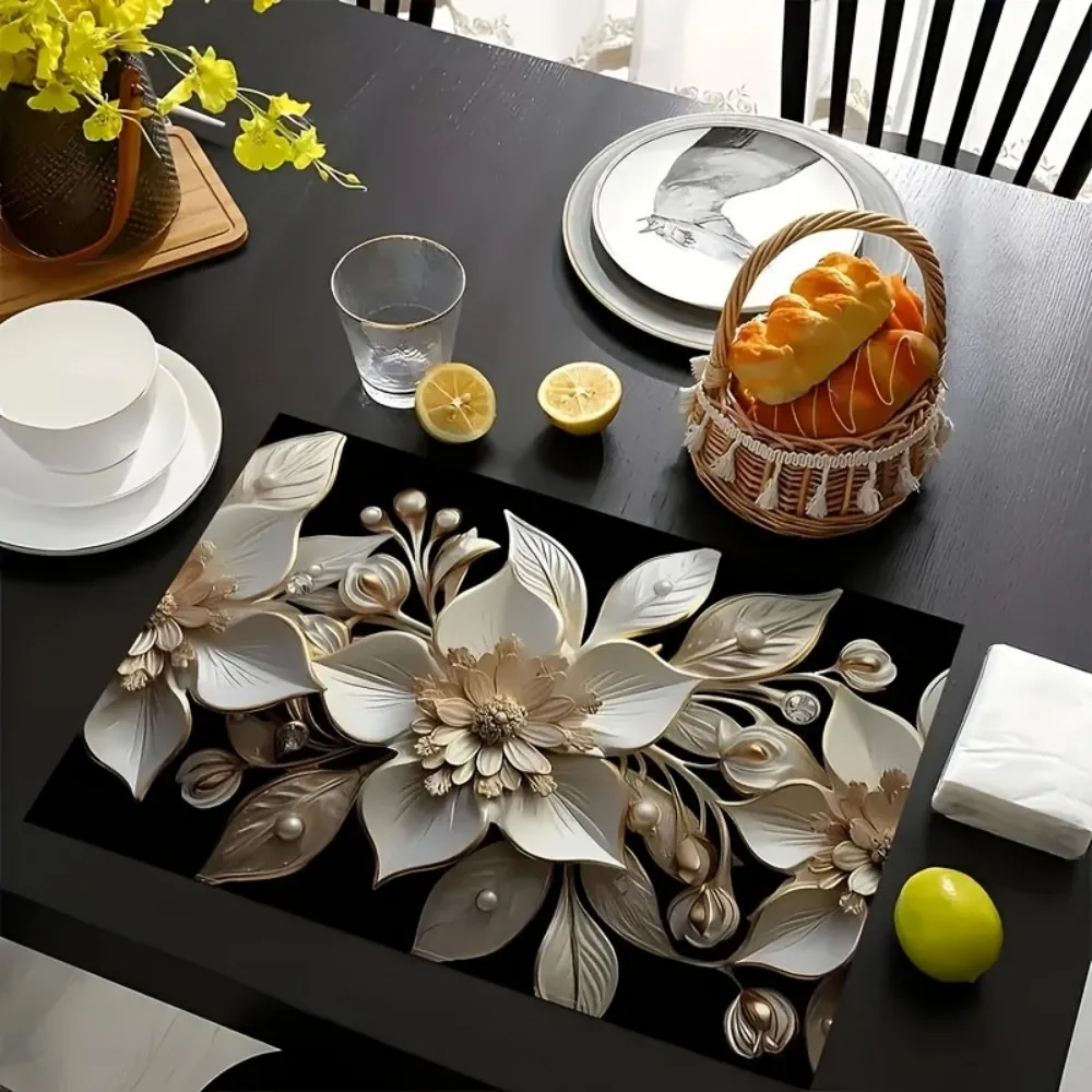 VIKAMA Embossed Floral Placemat Light Floral Design Waterproof Oil-Resistant Luxury-inspired Nordic Style Tableware Home Decor
