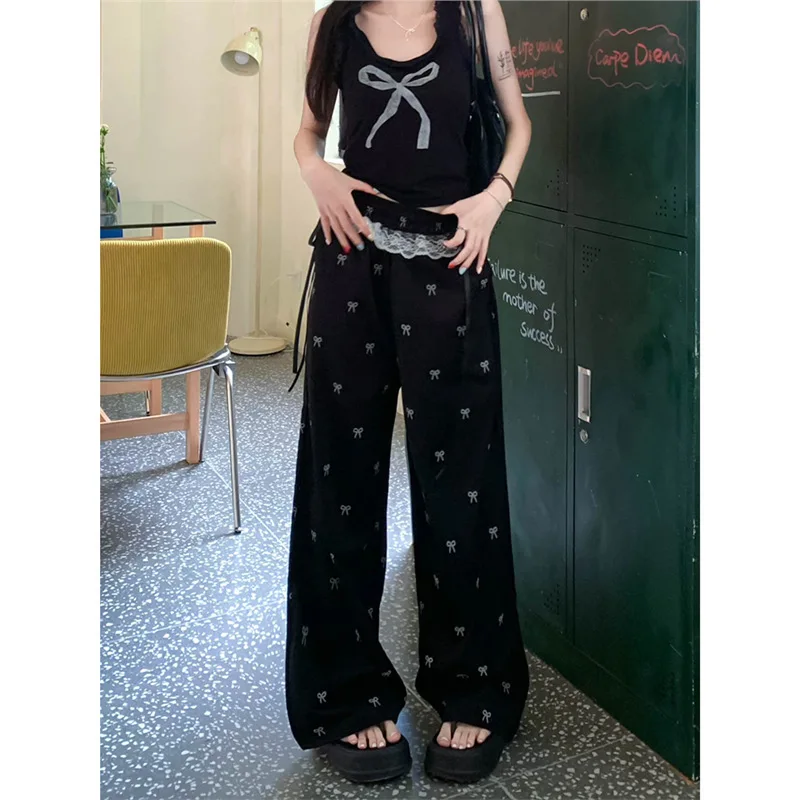 Sweet And Spicy Girl Lace Edge Patchwork Casual Bow Children's Summer Loose Elastic Waist Wide Straight Leg Pants