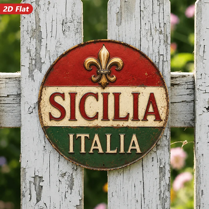 2D Flat - 【2D Flat】 2D Flat - [2D Flat] 2D Flat Print 1pc Round Metal Iron Sign Sicilia Italia Vintage Wall Art, Sicily Italy Te