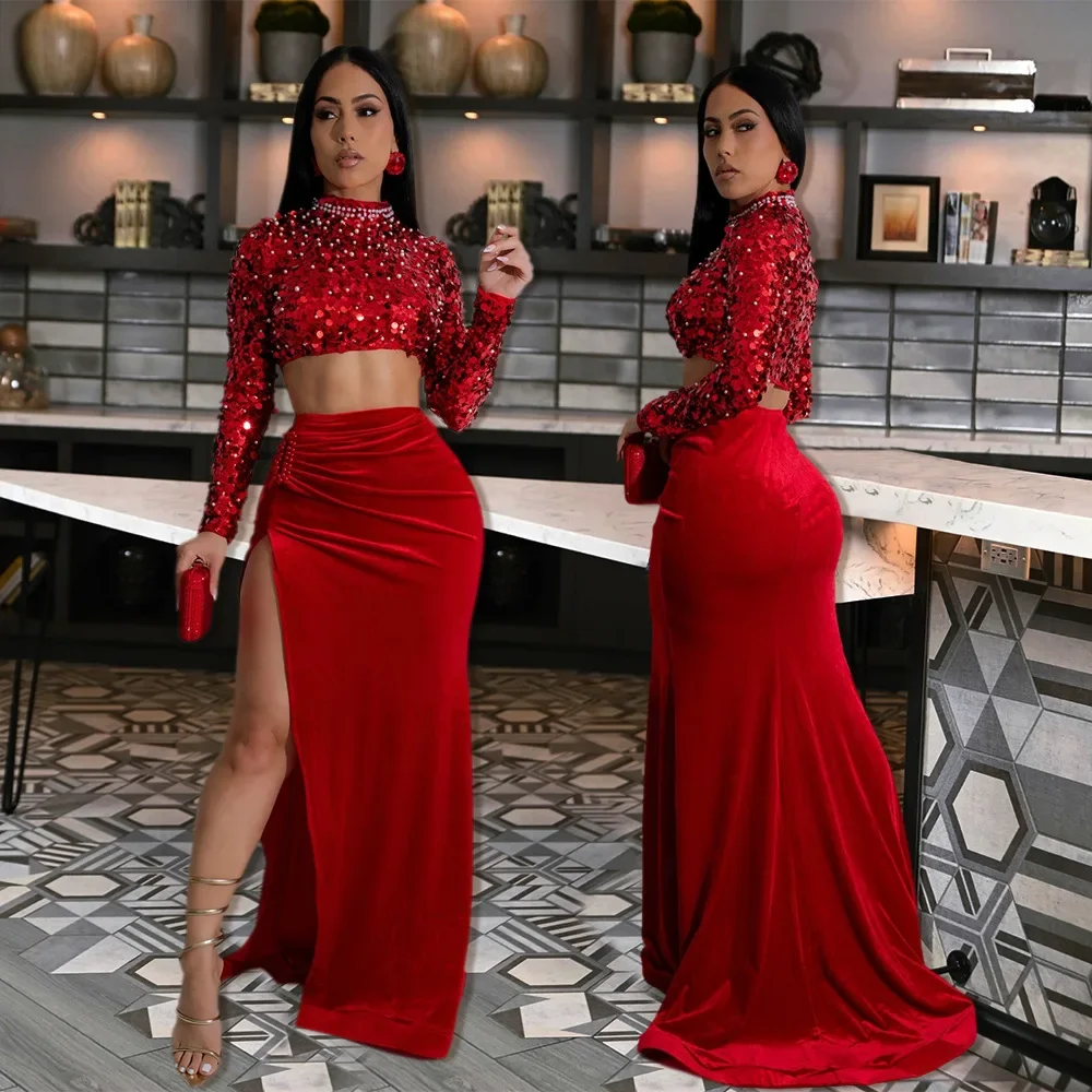 Winter Women Velvet Sets Full Sleeve Sequined Pearls Sexy Crop Top and Long Skirt Set Street Party Club 2 Two Piece Sets