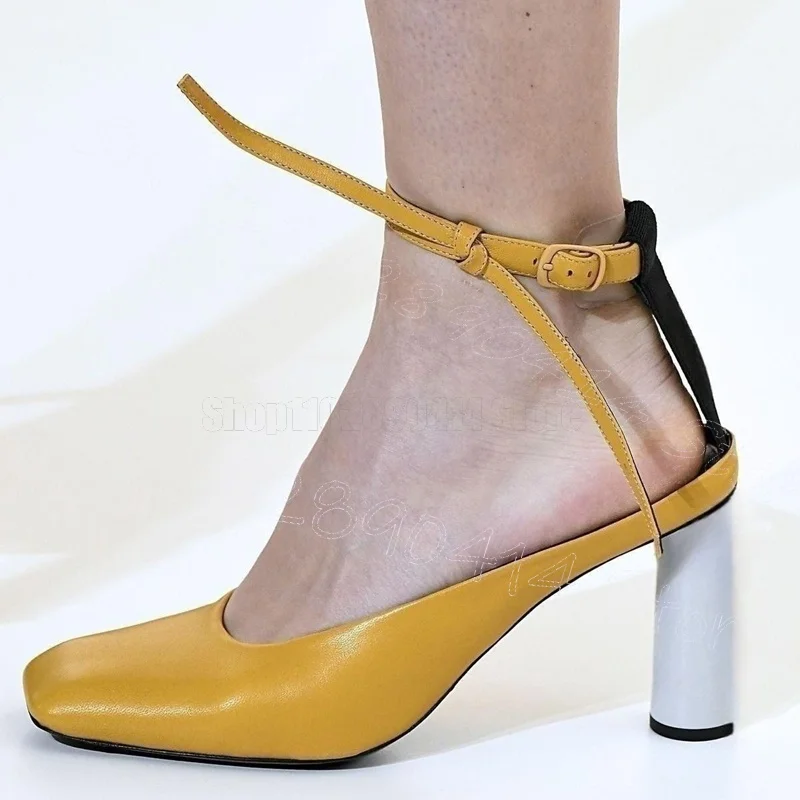 

Yellow Square Toe Matte Leather Runway Pumps Buckle Strap Women Shoes Chunky High Heels Party Banquet 2026 Zapatos Para Mujere