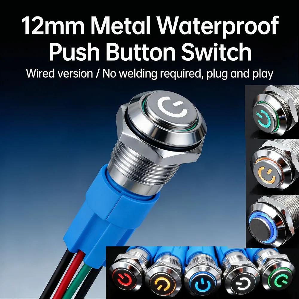 12mm Metal Push Button Switch Latching/Momentary Flat Head High Waterproof Led Light Red Yellow Blue Green White 5V 12V 24V 220V