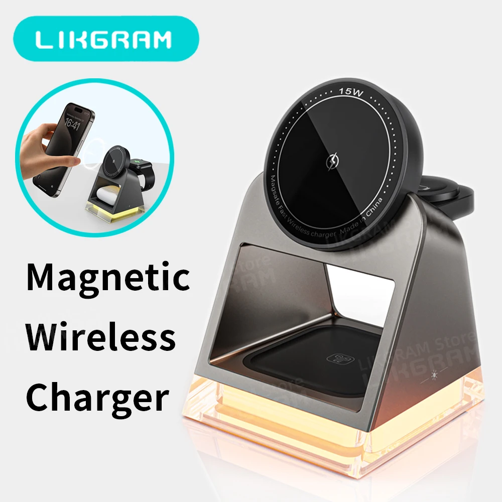 

LIKGRAM 3 in 1 Magnetic Wireless Charging Led Light for iPhone 12-16 Apple Watch AirPods 3-4(not for Airpods 2) W83
