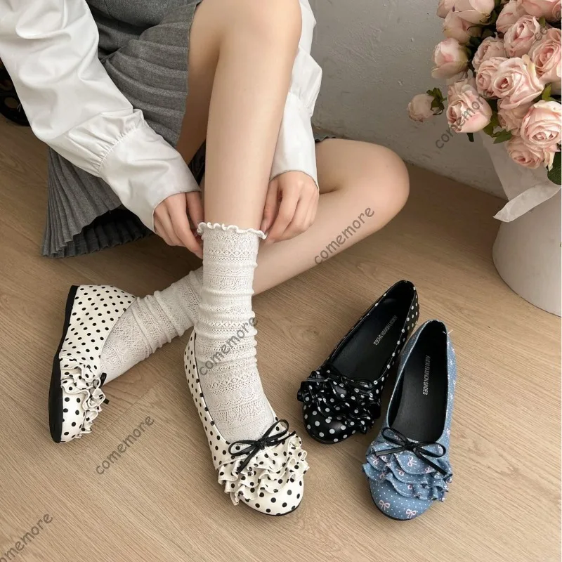 Bailarinas con volantes y lazo de lunares, punta redonda, sin cordones, suaves, estilo casual, para mujer, moda.