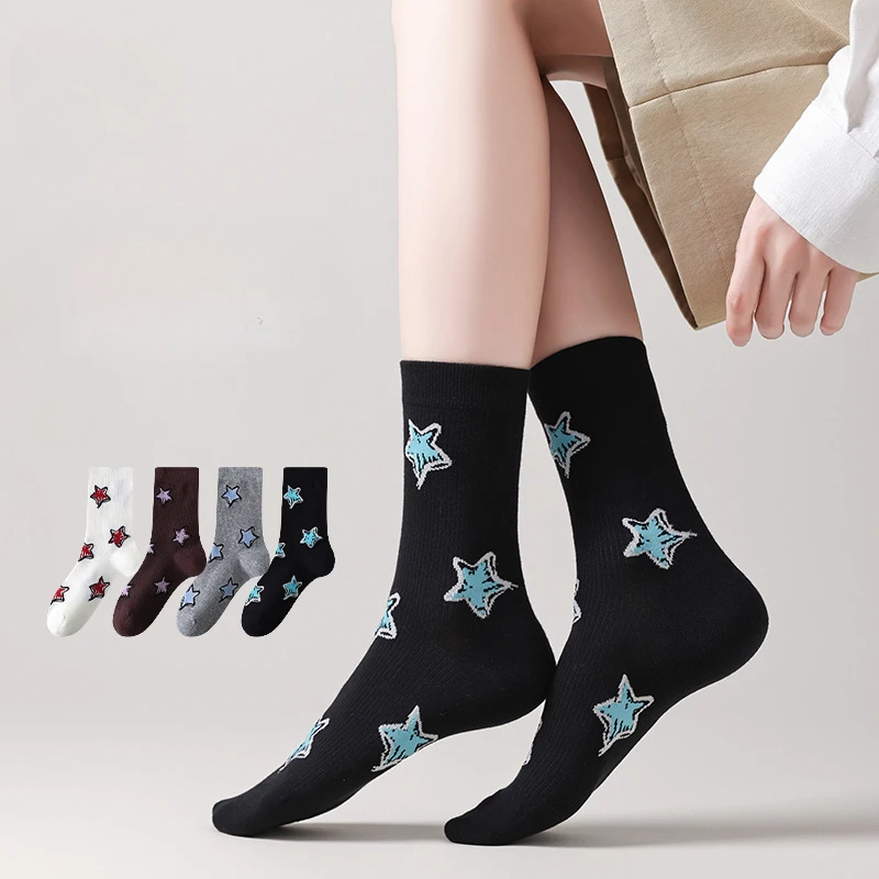 Socks Women Star Printed Knitted Middle Tube Socks Casual Cotton Breathable Harajuku Streetwear Hip Hop Skateboard Sports Socks