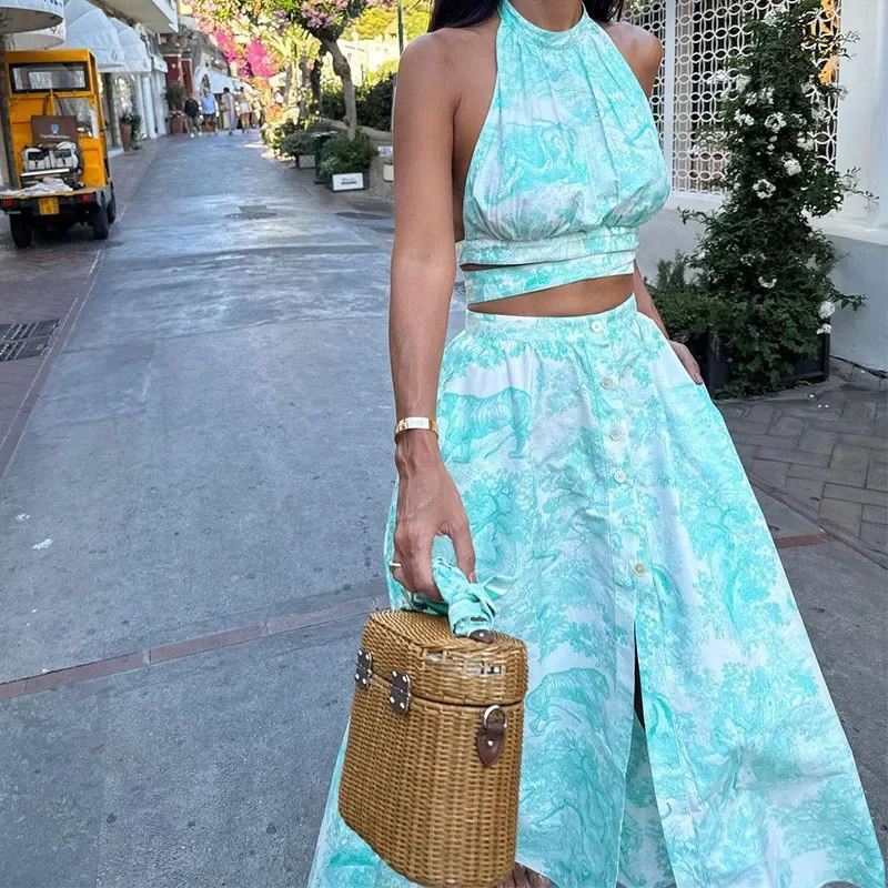 

Sexy Halter Sleeveless Top And Split Long Skirt Suit Casual Floral Print Navel Women Outfits Vacation Loose Beach Two Piece Set