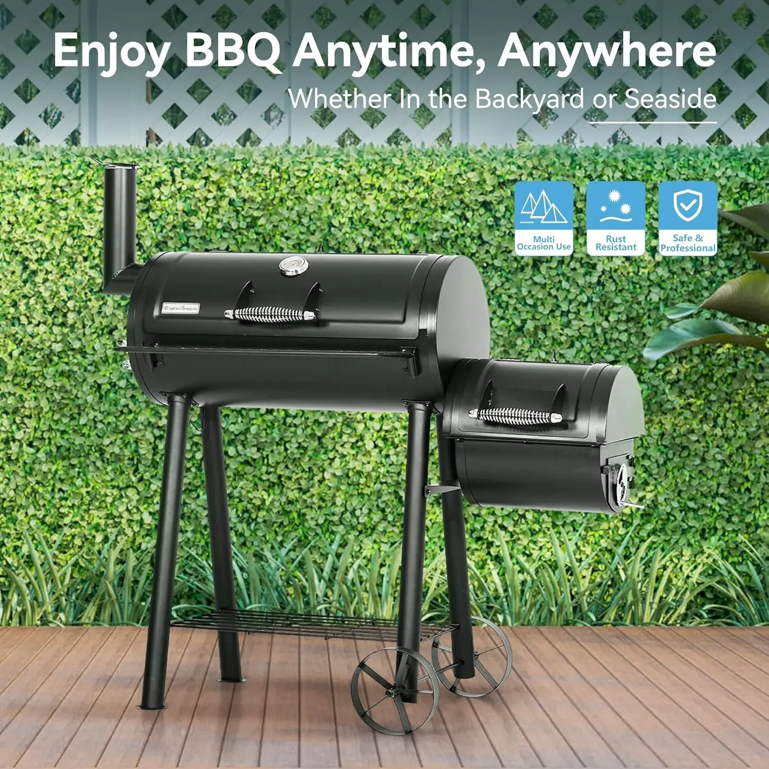 BBQ Charcoal Grill with Offset Smoker, 2 in 1 Smoker and Charcoal Grill combo, 512 Square Inch Space Barrel Charcoal Smoker