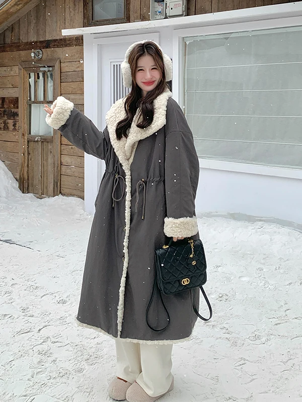

Lamb Fur Collar Parka Cotton Jaet Women Long Thiened Winter Coat Double-Sided Wear Warm Fluffy Korean Sle Loose Fit
