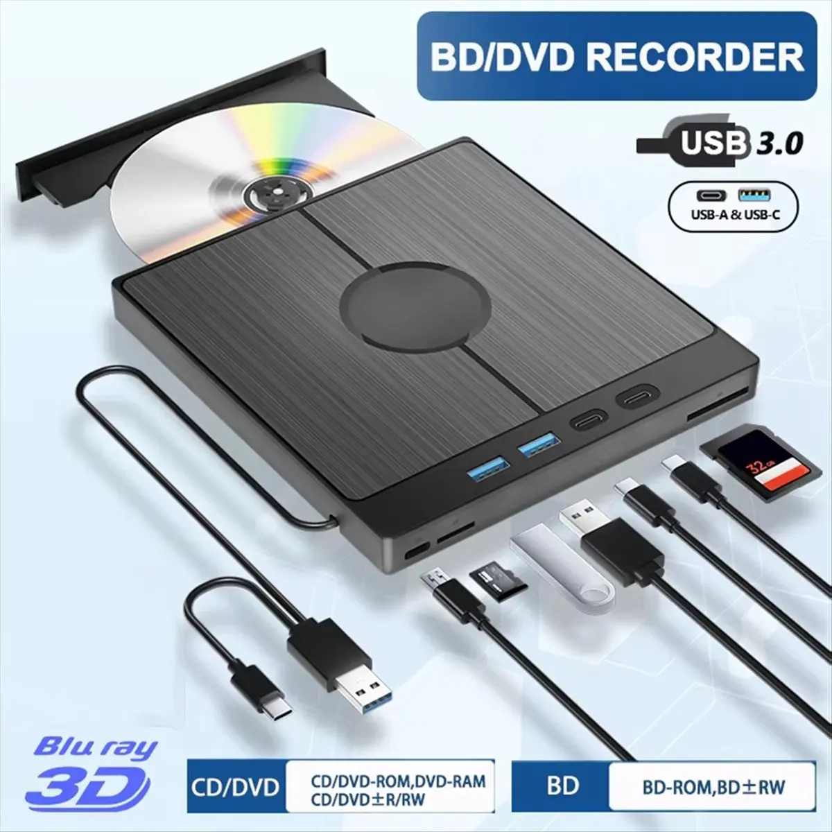 A99X  External Blue Ray Optical Drive Portable Bluray Player CD DVD Recorder Burner Reader for PC Laptop