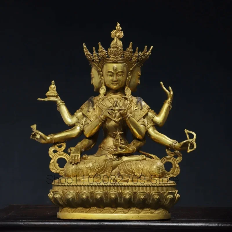 29cm Nepalese Tibetan Brass Gilded Pure Honorable Buddha Mother with Three Sides and Eight Arms Buddha Statue