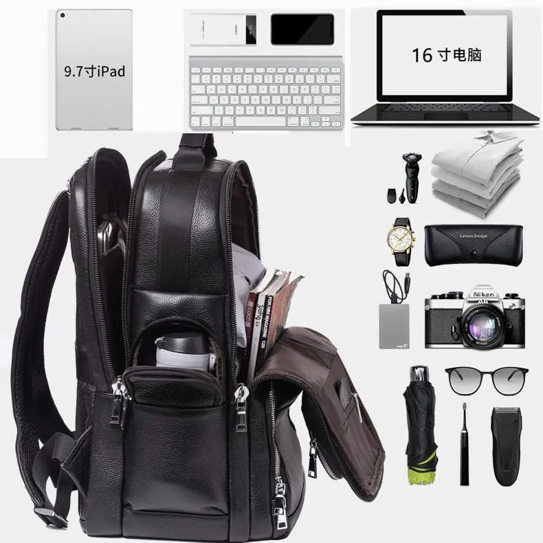 Imagem -05 - Luufan-genuíno Couro de Vaca Usb Mochila de Carregamento para Homens Mochila para Laptop à Prova d Água Mochila de Viagem Masculina Grande Mochila Preta 16