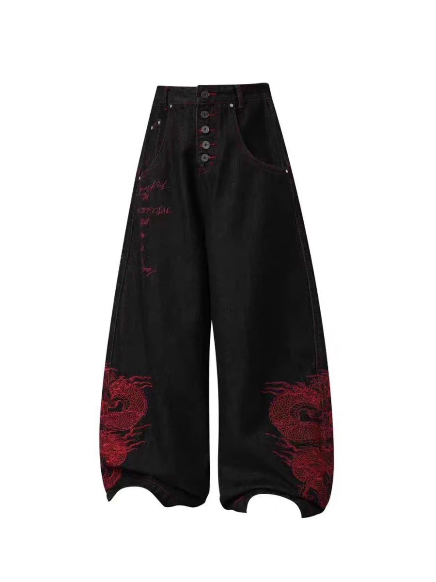 Calças Jeans Americanas Retro com Totem de Dragão Bordado, Multi-Botões, Corte Largo para Homens e Mulheres, Estilo Novo de P...