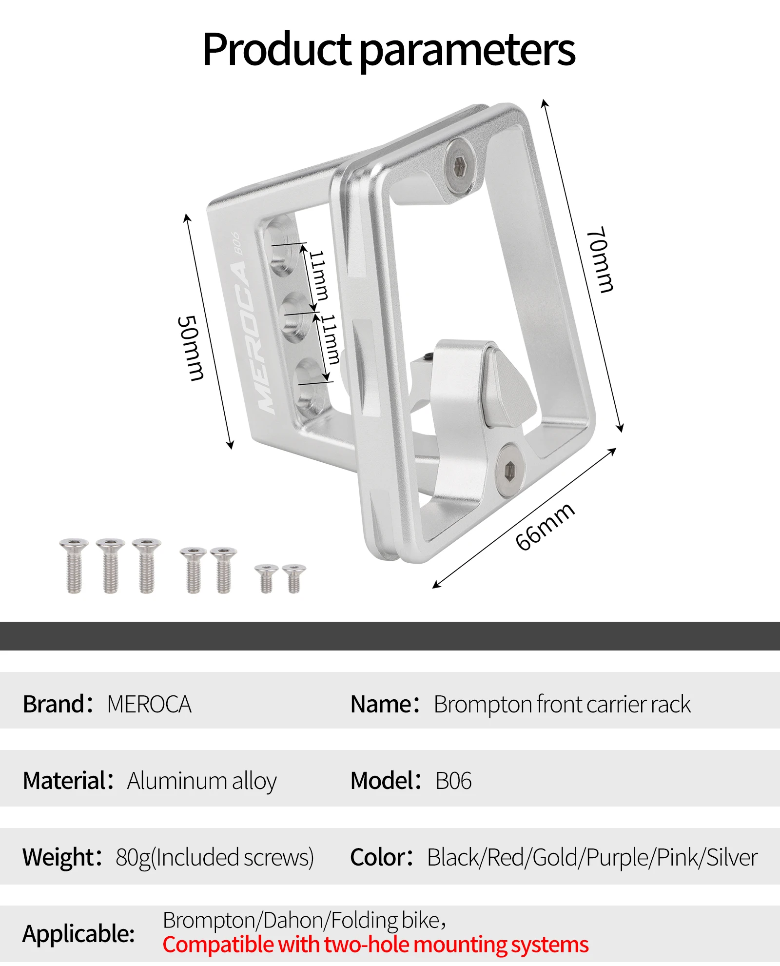 MEROCA Faltrad-Fronttasche, erhöhte Basis, Aluminiumlegierung, vorderer Träger, Mount-Adapter, Raiser für Dahon Brompton Faltrad – Detail 2