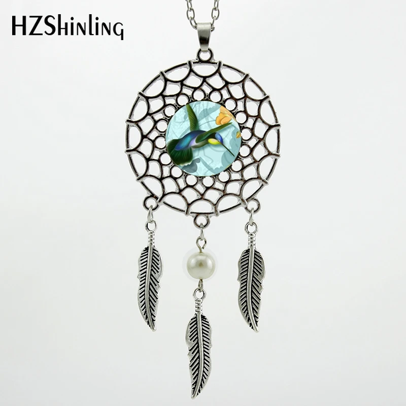 New Trendy Style Hummingbird Necklace Green and Blue Bird Jewelry Dream Catcher Pendant Necklace