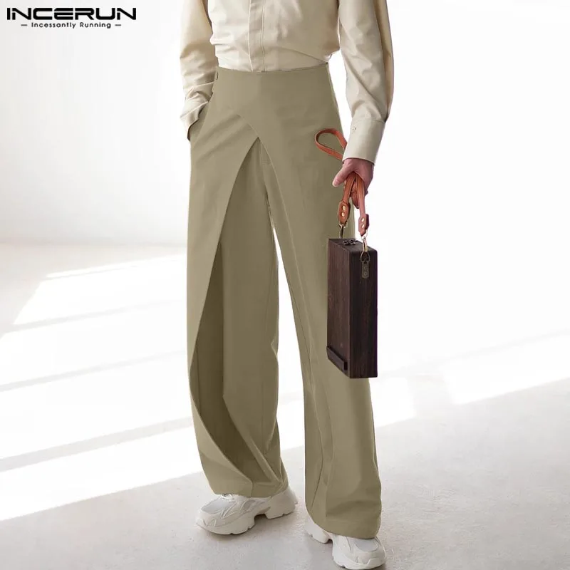 INCERUN Vertical Crossover Design Trousers Fashion Mid Waist Solid Zipper Bottoms Pocket Elegant Simple Men Well Fitting Pants