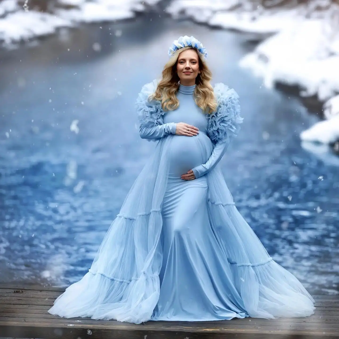 Illusion Sky Blue Maternity Dresses for Women Ruffles Full Sleeves Vestidos De Noche  Babyshower Gowns for Photography Props