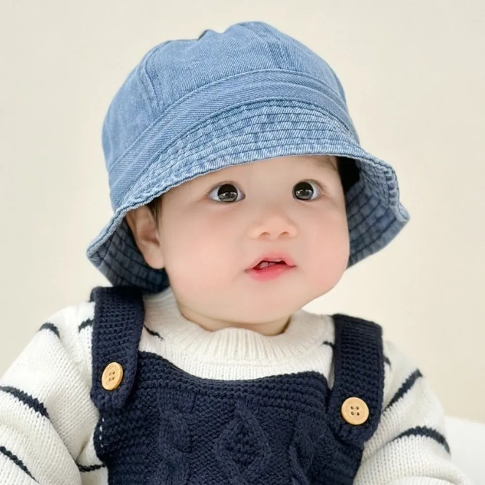 

Cloth Washed Denim Bucket Hat Korean Style Solid Color Baby Sun Hat sun protection Windproof Children Fisherman Cap Outdoor