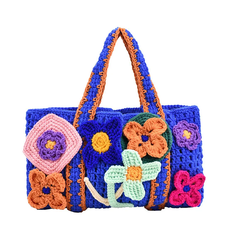 Women Tote Bag Floral Crochet Large Capacity Knitted Bag Trendy Handmade Cut-out Boho Bag Vintage Multicolor Hollow Out Handbag