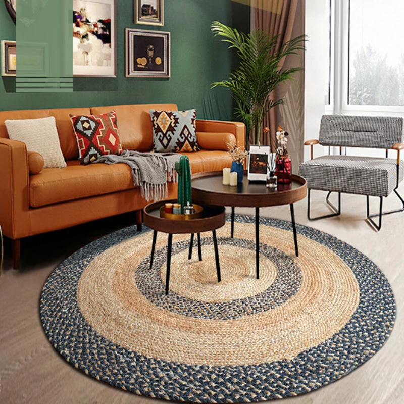 

Livingroom Carpet Wear Resistant Durable Natural Jute Denim Traditional Hand Knitting Bedroom Rug Soft Comfortable Round Mat