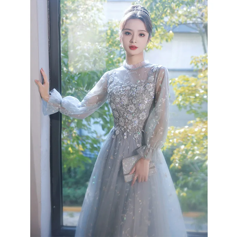 Robe de soiree Gery O-Neck Slim Dress Women Wedding Banquet Elegant Evening Dresses Formal Party Dress Prom dresses Luxury Dress