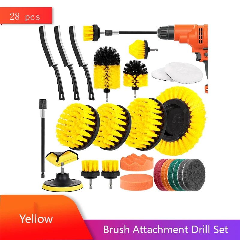 Brush Attachment Drill Set 28 Pcs Cleaning Brush Rim Brush Kit with Polishing Sponge Scourding Pad for Kitchen Bathroom Car ﻿