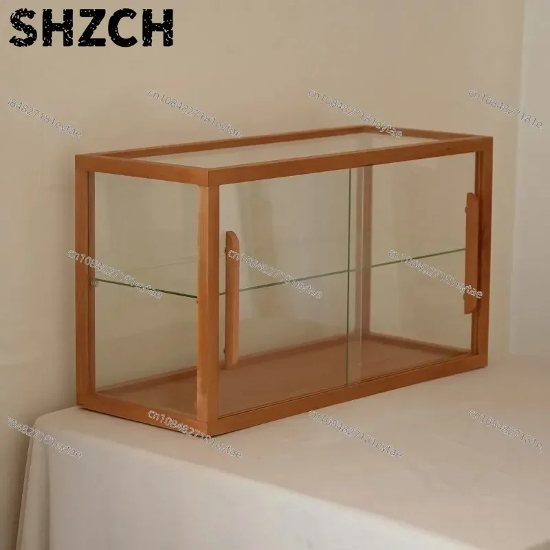 Solid Wood Glass Display Cabinet Dustproof Door Desktop Showcase Shelf for Collectible Figure Model Decor Storage