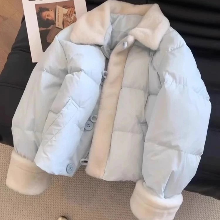 

Корейская зимняя женская куртка из хлопка с воротником из овечьего меха, синяя, в стиле пэчворк, очень красивая и модная...