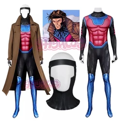 X-man Gambit Remy Cosplay Costume Men WOMEN Battle Suit Leather Long Trench Vest Pants Set Superhero Halloween Carnival Outfits