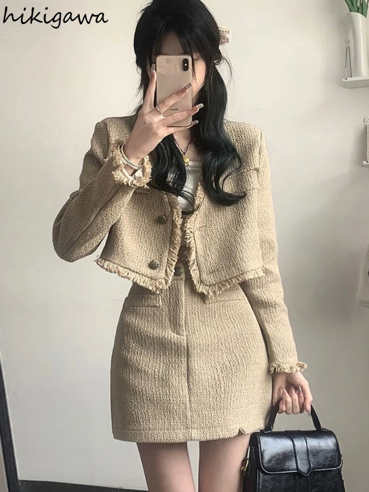 Temperament Women Clothing 2 Piece Sets V-neck Long Sleeve Tassel Coat High Waist Tunic Mini Bodycon Skirt Outfits Korean Suit