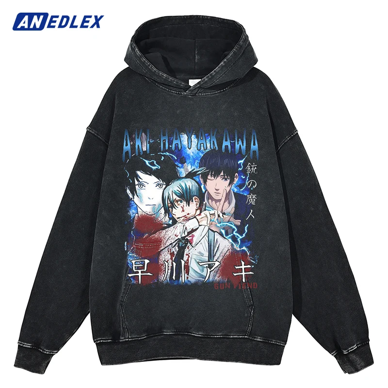 

Hip Hop Men Hoodie Sweatshirt Streetwear Anime Graphic Print Hooded Pullover Cotton Harajuku Fashion Vintage Washed Black Hoodie