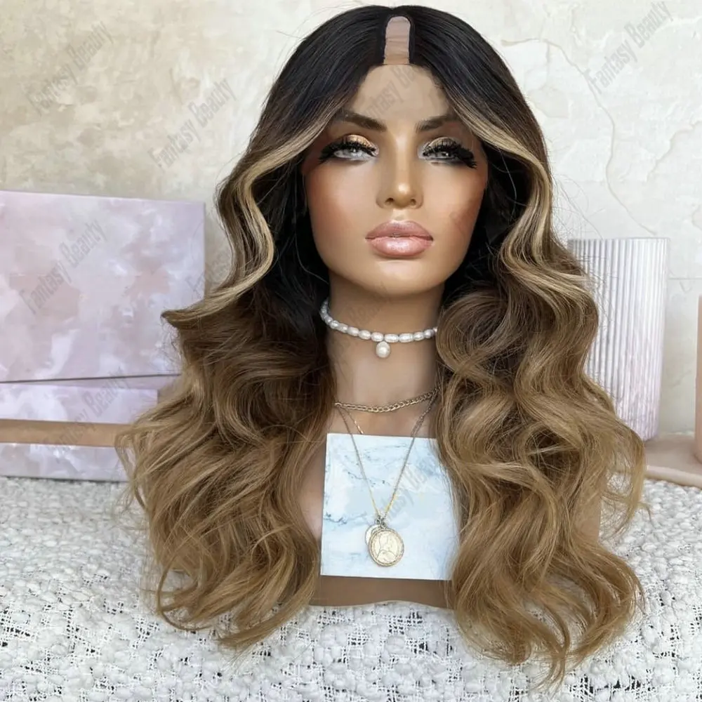 Wig Bagian V Ukuran 1X4 Gelombang Tubuh Rambut Manusia untuk Wanita Wig Bagian U Tanpa Lem Coklat Muda Ombre Wig Rambut India Remy Buatan Mesin Penuh